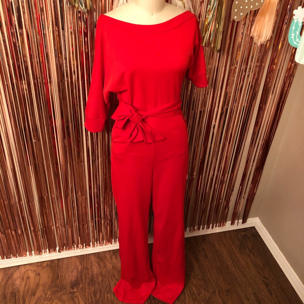 Red Asymmetrical Off-The-Shoulder Jumpsuit